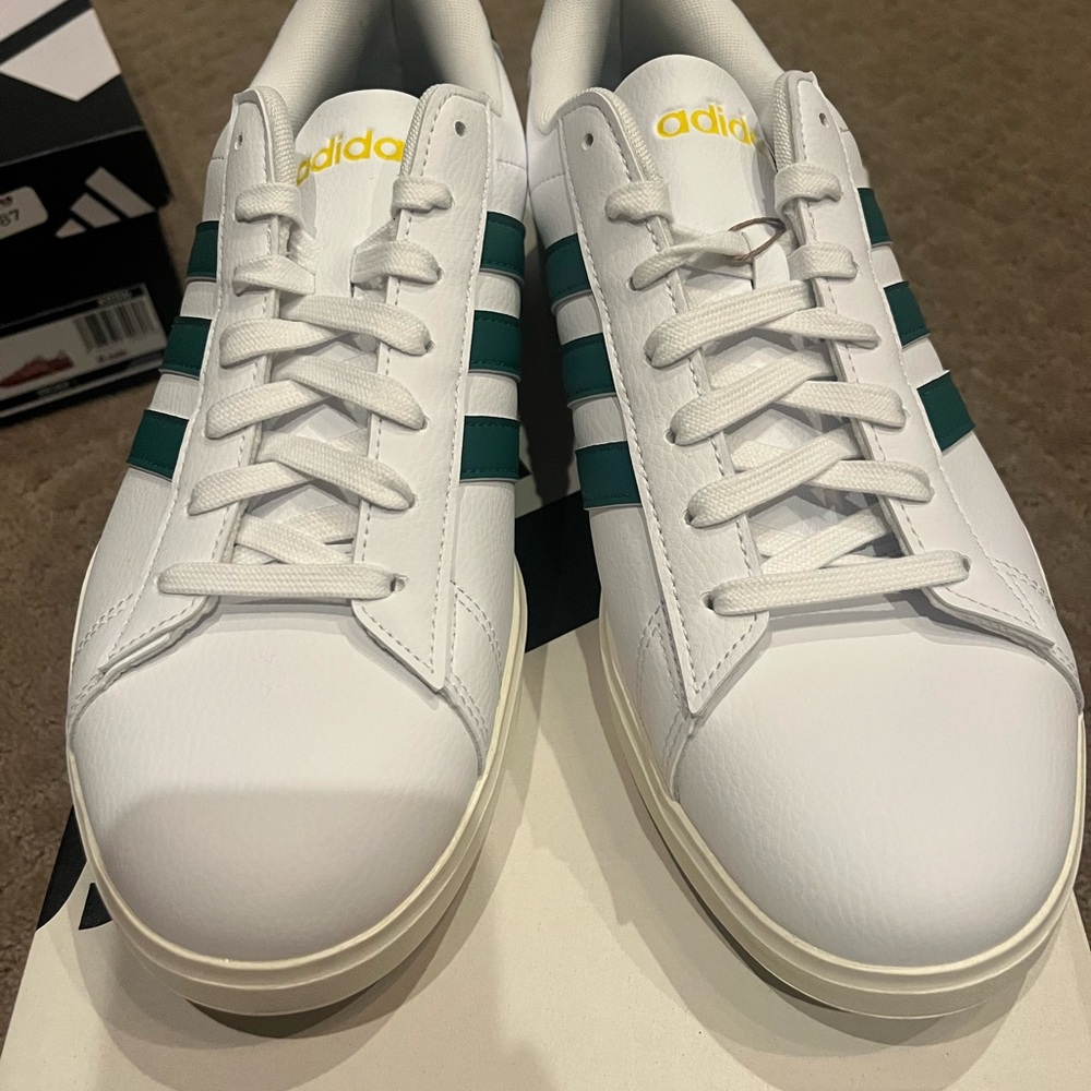 adidas White Sneakers with Green Stripes and Yellow Logo grand court 2.0. Size10